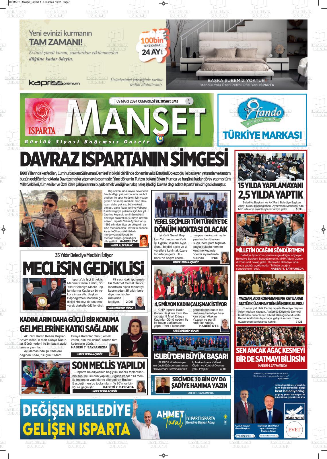 09 Mart 2024 Isparta Manşet Gazete Manşeti