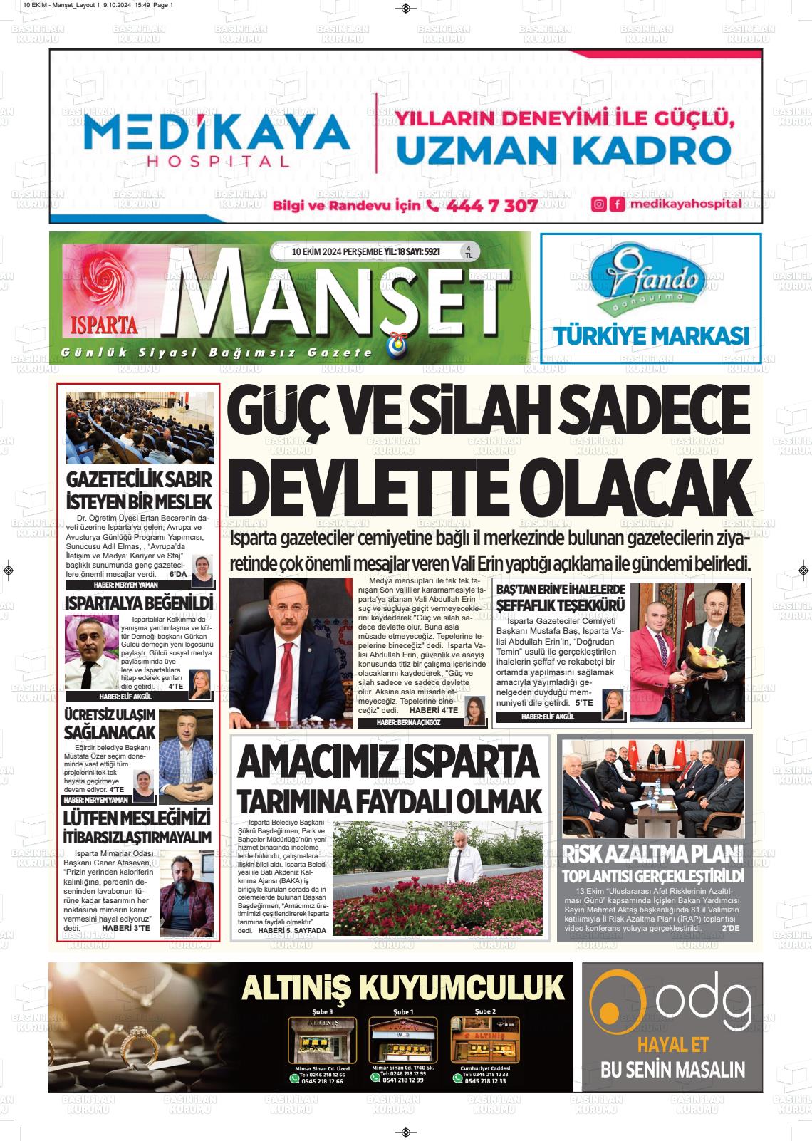 10 Ekim 2024 Isparta Manşet Gazete Manşeti