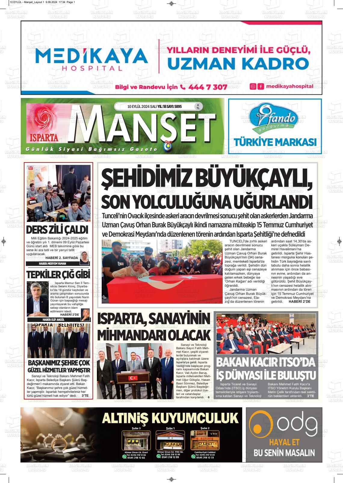 10 Eylül 2024 Isparta Manşet Gazete Manşeti