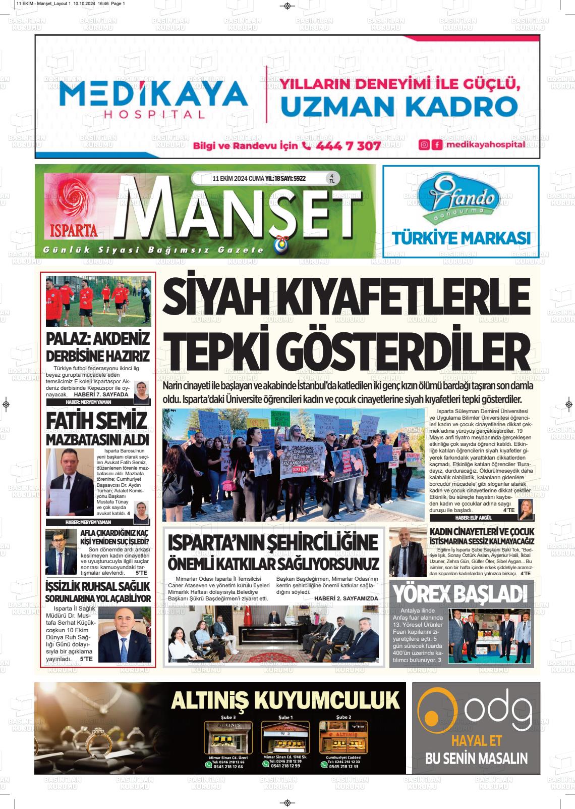 11 Ekim 2024 Isparta Manşet Gazete Manşeti