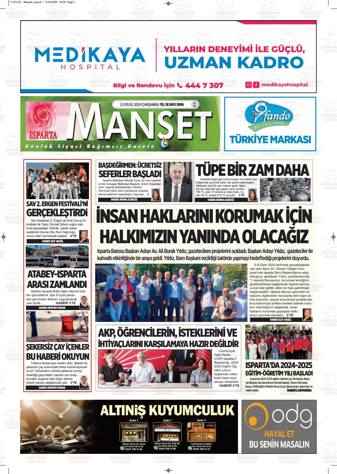 11 Eylül 2024 Isparta Manşet Gazete Manşeti