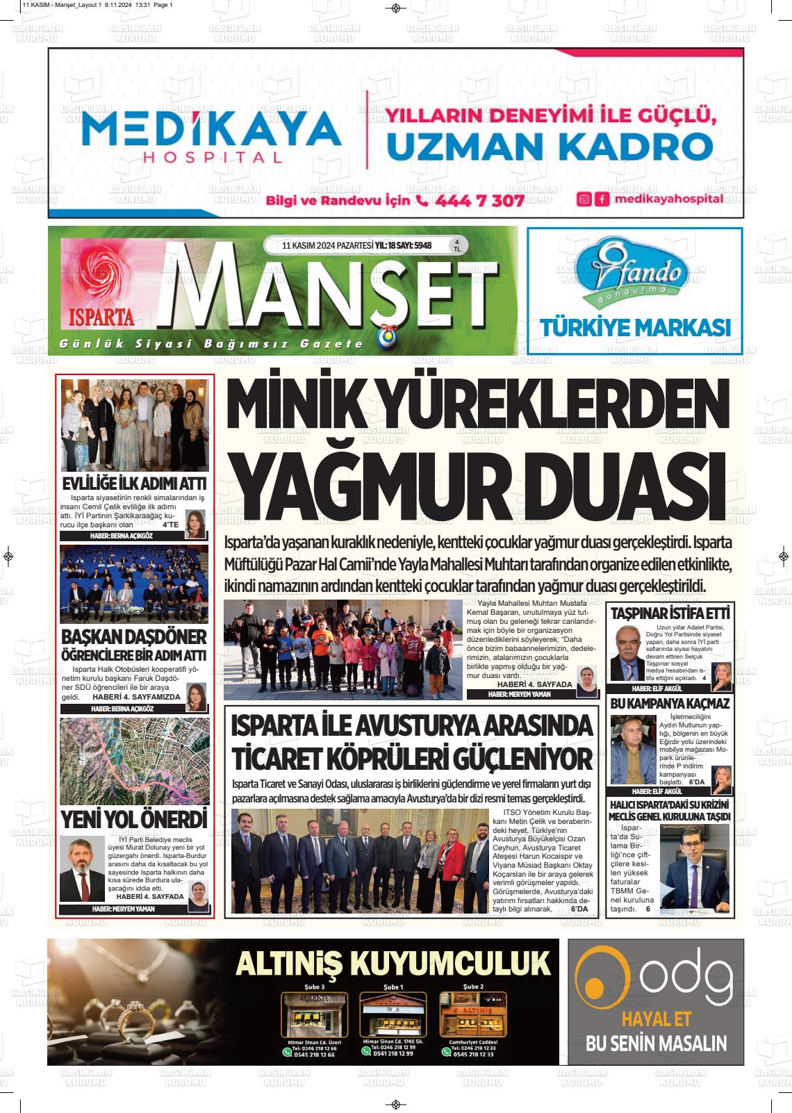 11 Kasım 2024 Isparta Manşet Gazete Manşeti