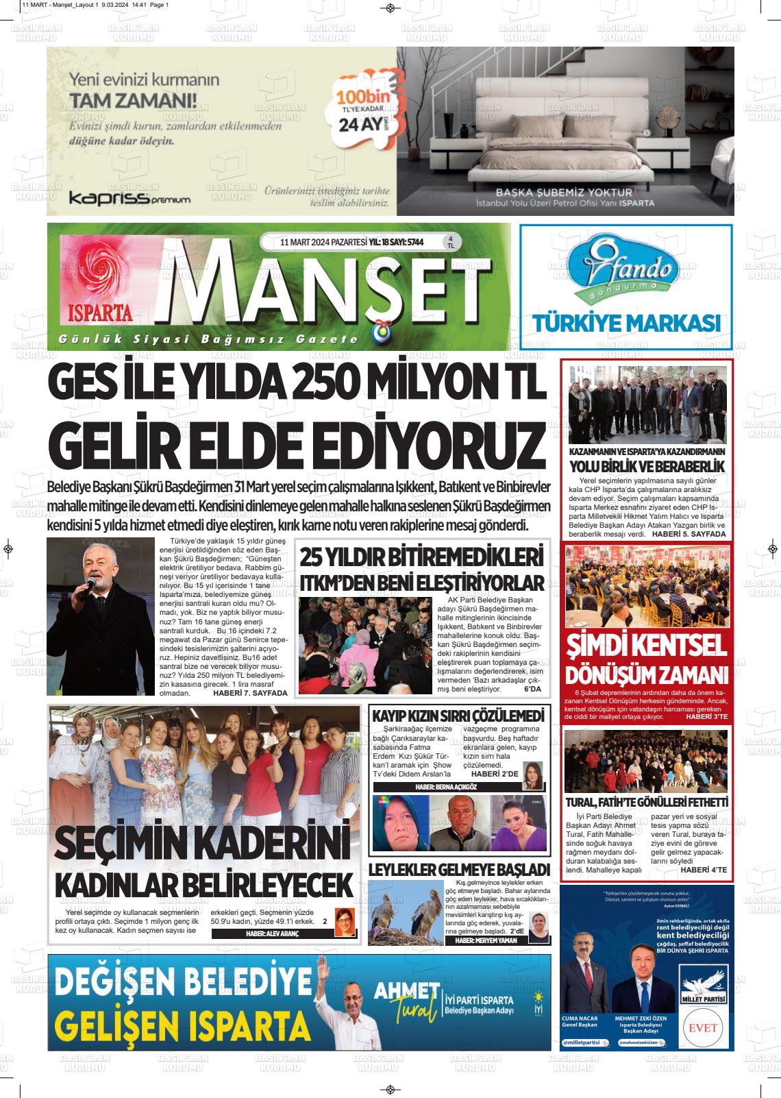 11 Mart 2024 Isparta Manşet Gazete Manşeti