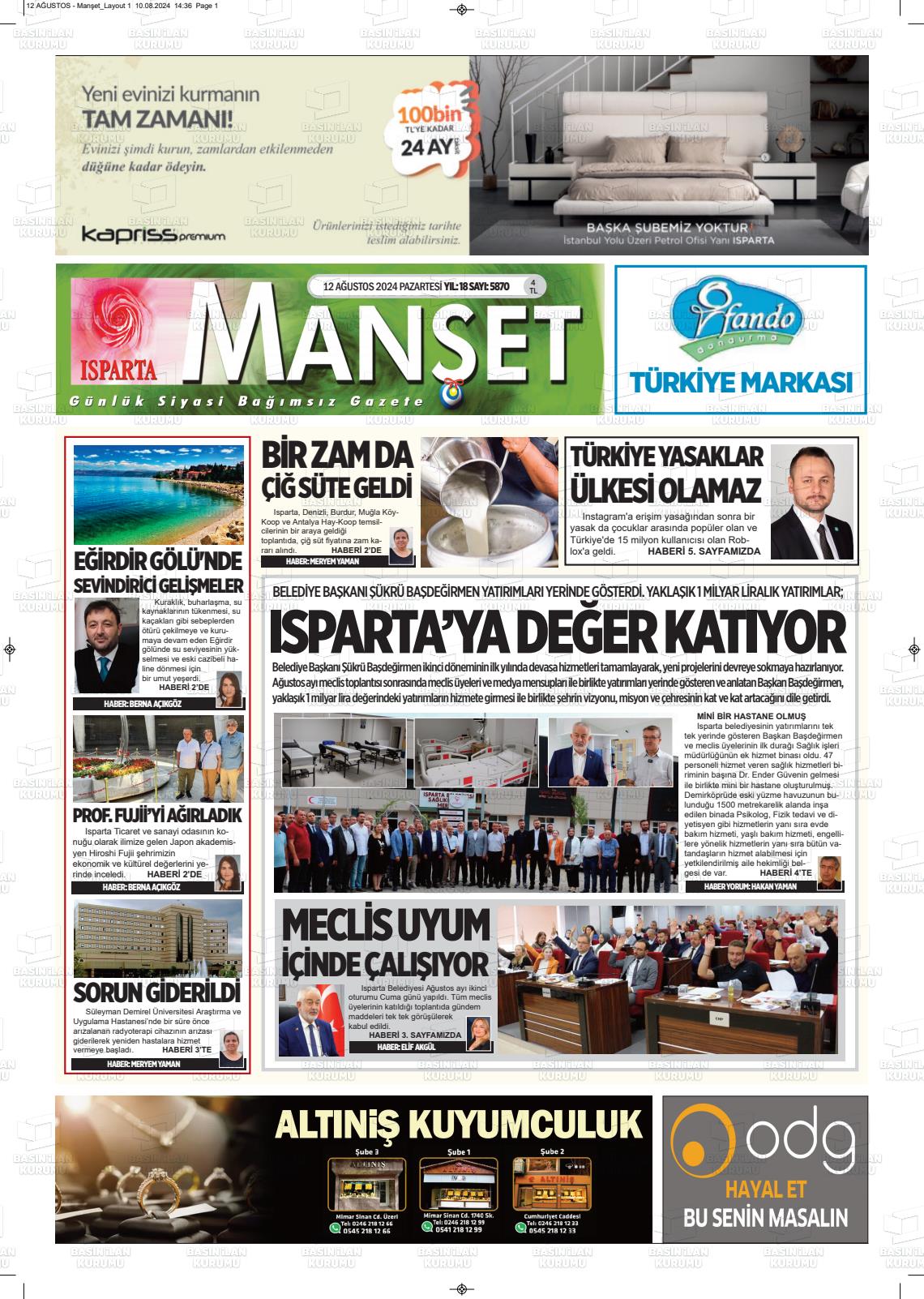 12 Ağustos 2024 Isparta Manşet Gazete Manşeti