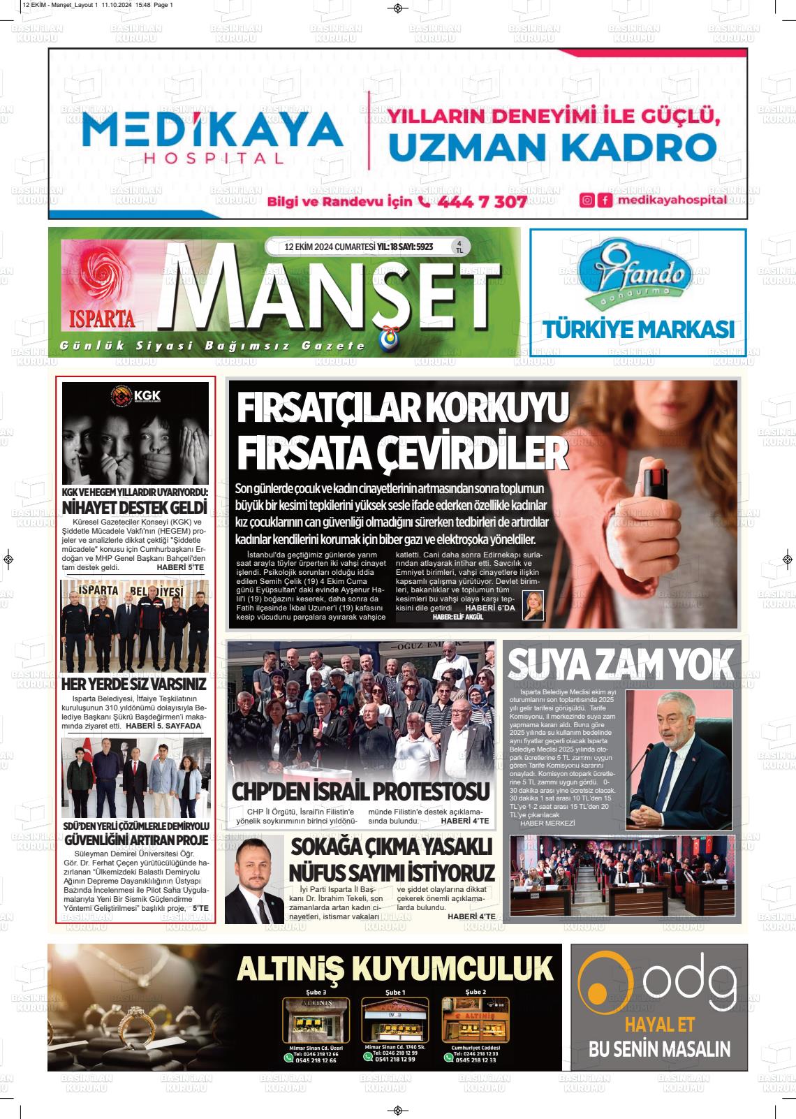 12 Ekim 2024 Isparta Manşet Gazete Manşeti