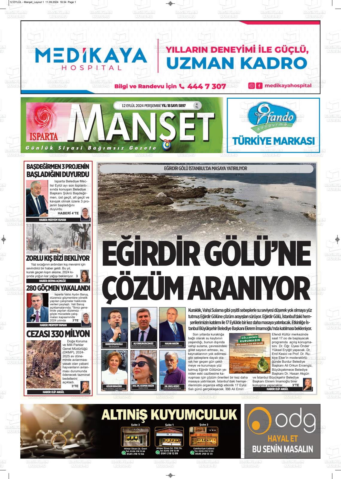 12 Eylül 2024 Isparta Manşet Gazete Manşeti