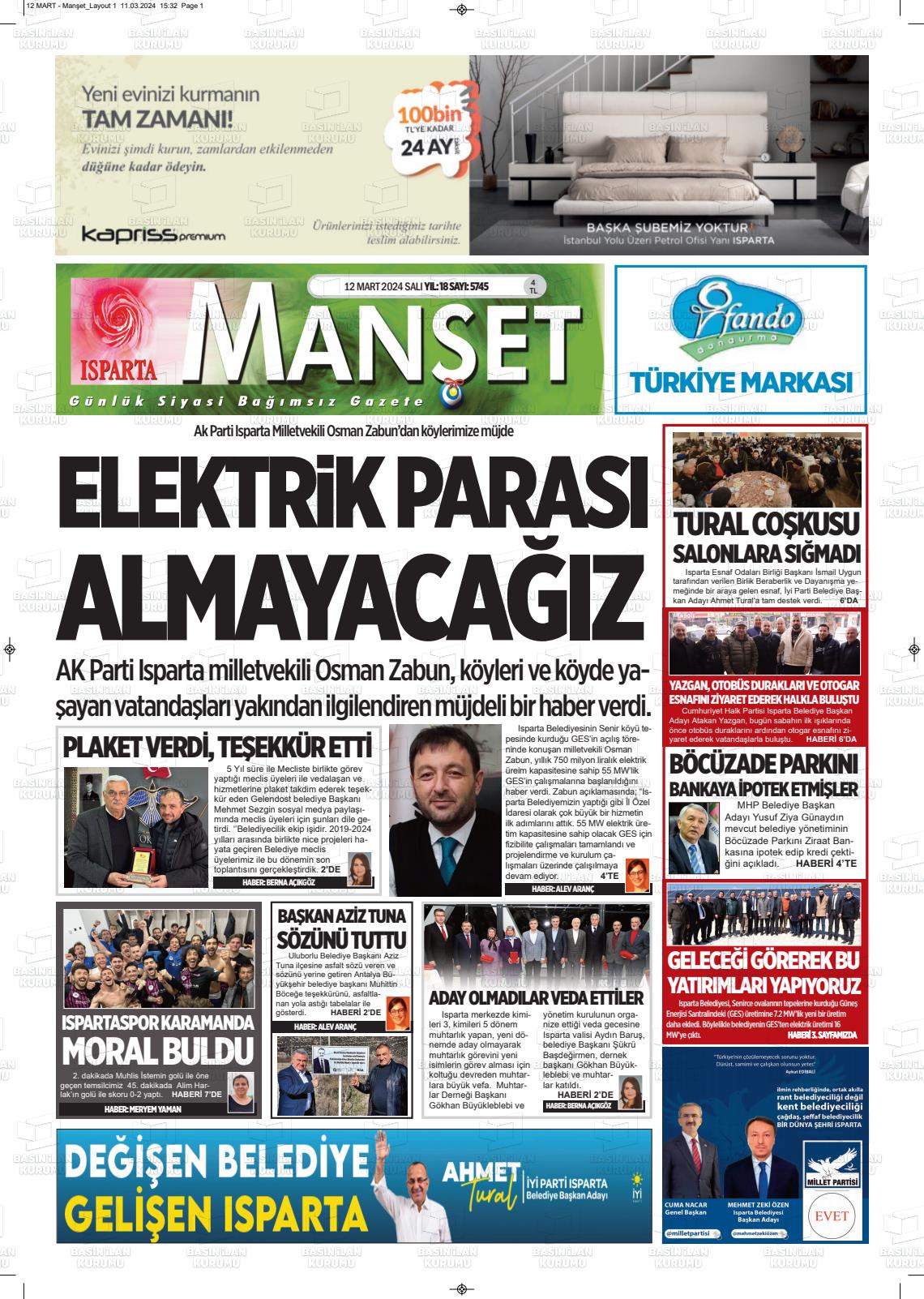 12 Mart 2024 Isparta Manşet Gazete Manşeti