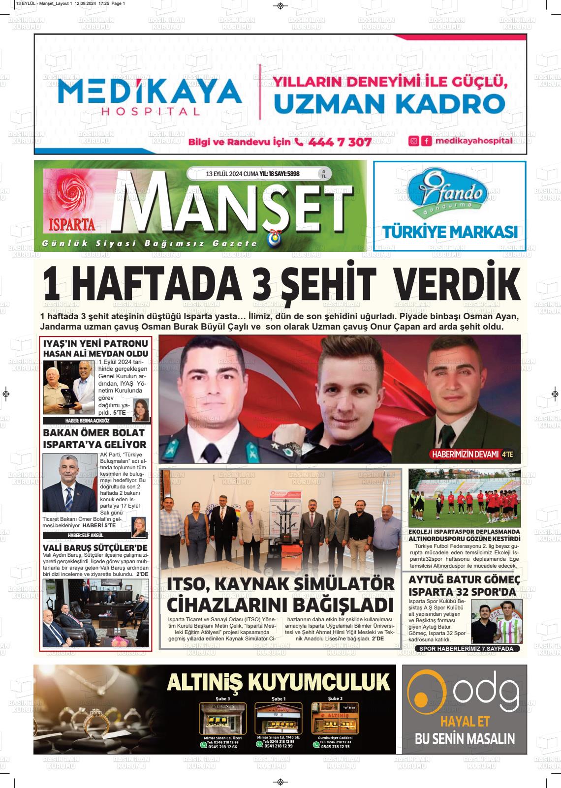 13 Eylül 2024 Isparta Manşet Gazete Manşeti