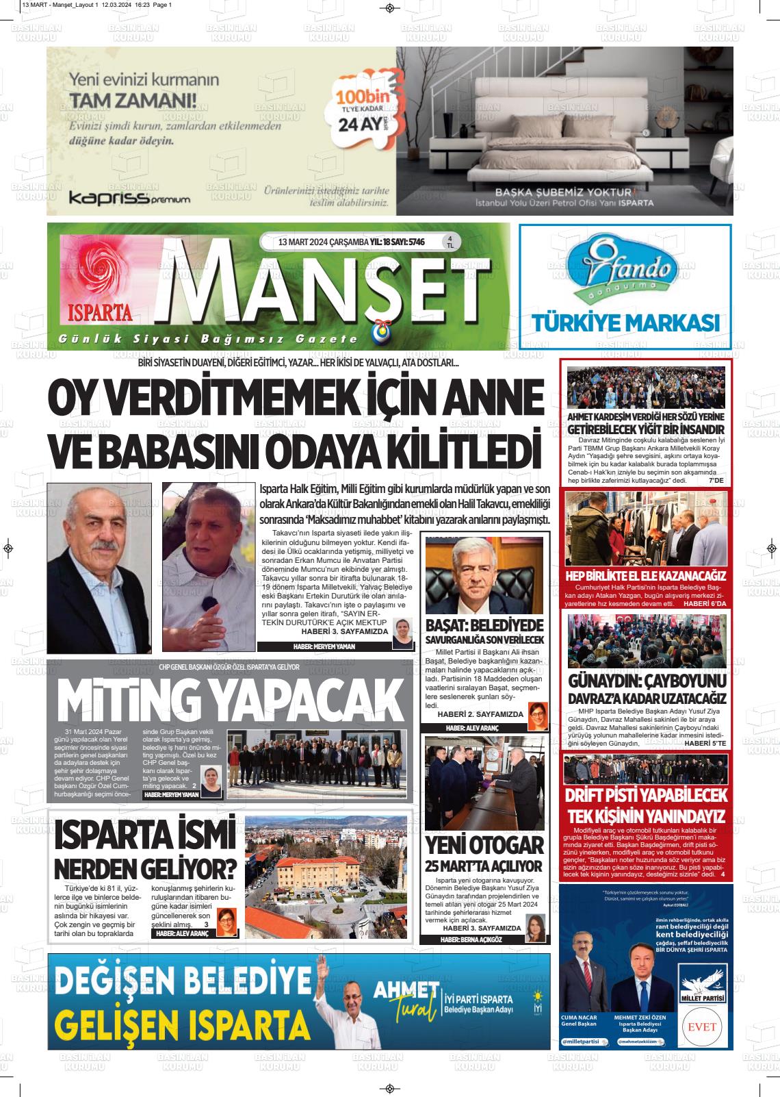 13 Mart 2024 Isparta Manşet Gazete Manşeti