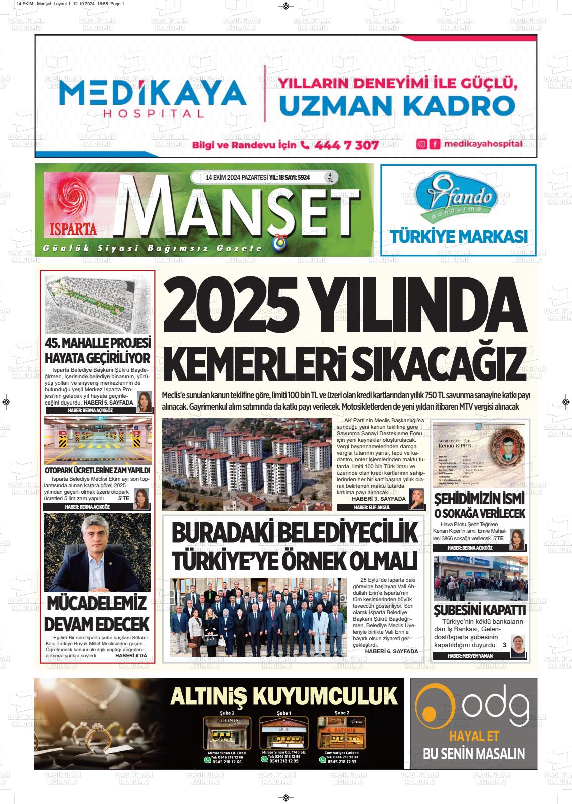 14 Ekim 2024 Isparta Manşet Gazete Manşeti