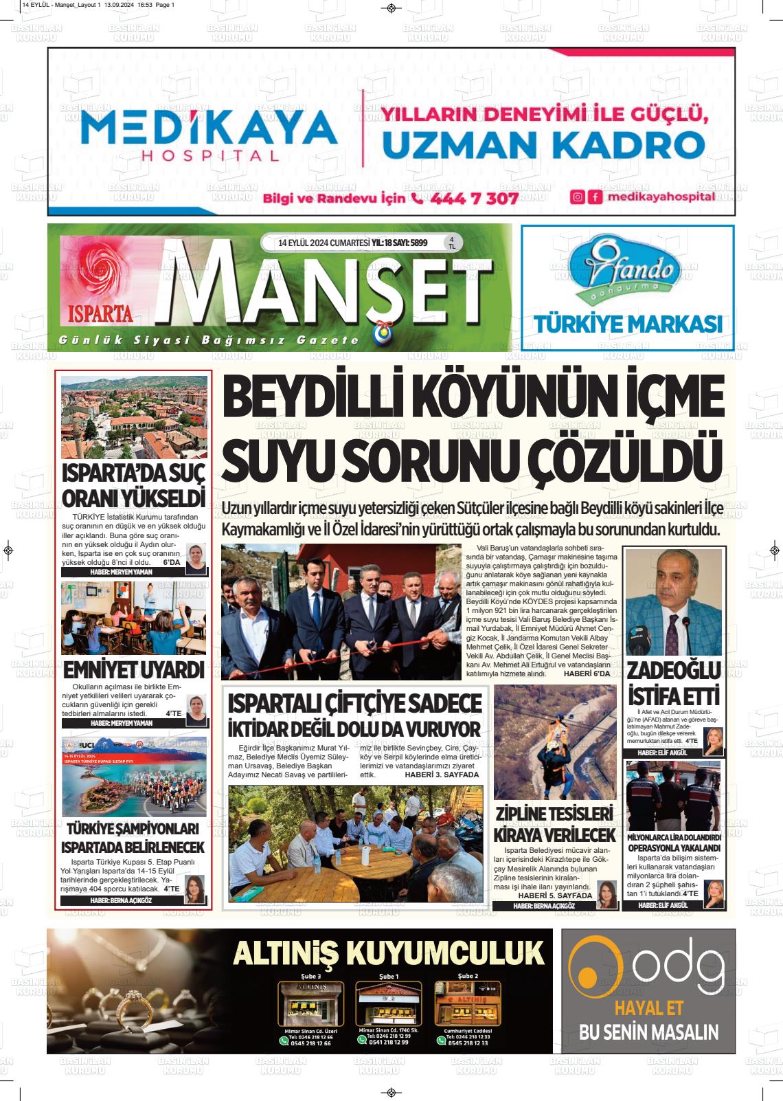 14 Eylül 2024 Isparta Manşet Gazete Manşeti