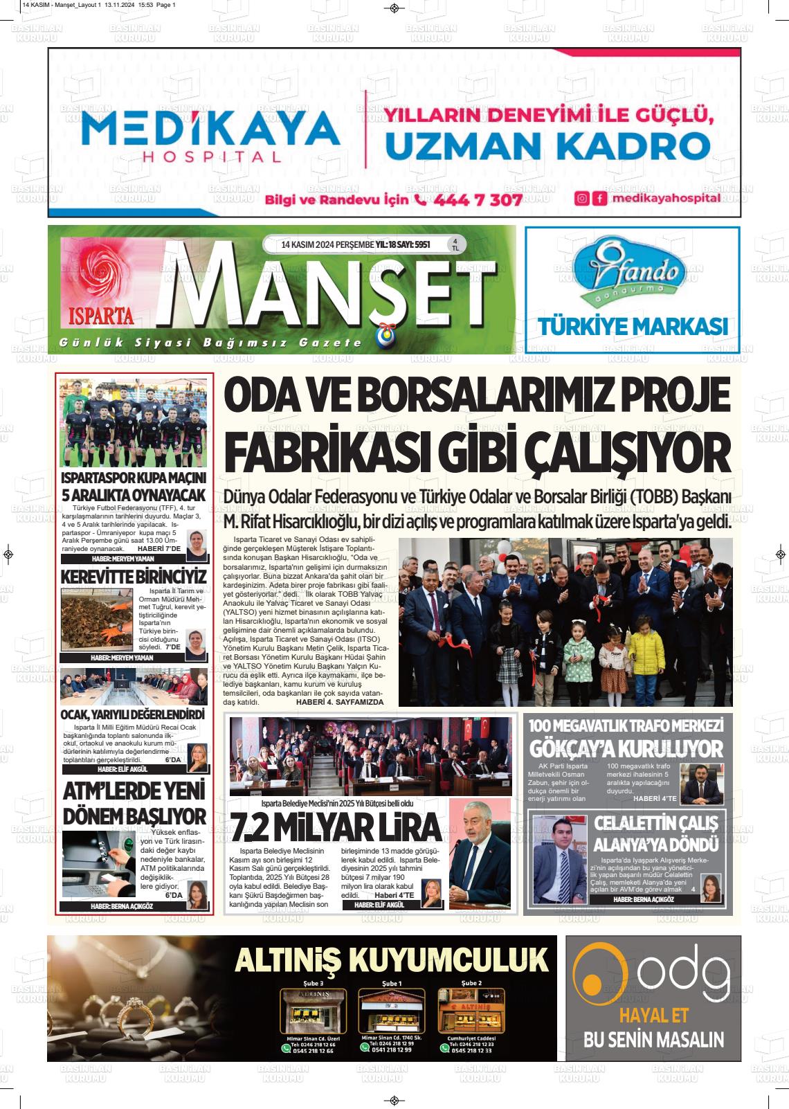 14 Kasım 2024 Isparta Manşet Gazete Manşeti