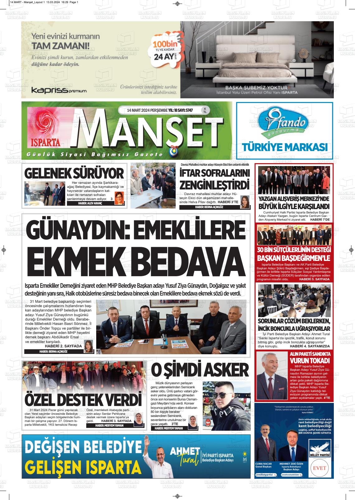 14 Mart 2024 Isparta Manşet Gazete Manşeti