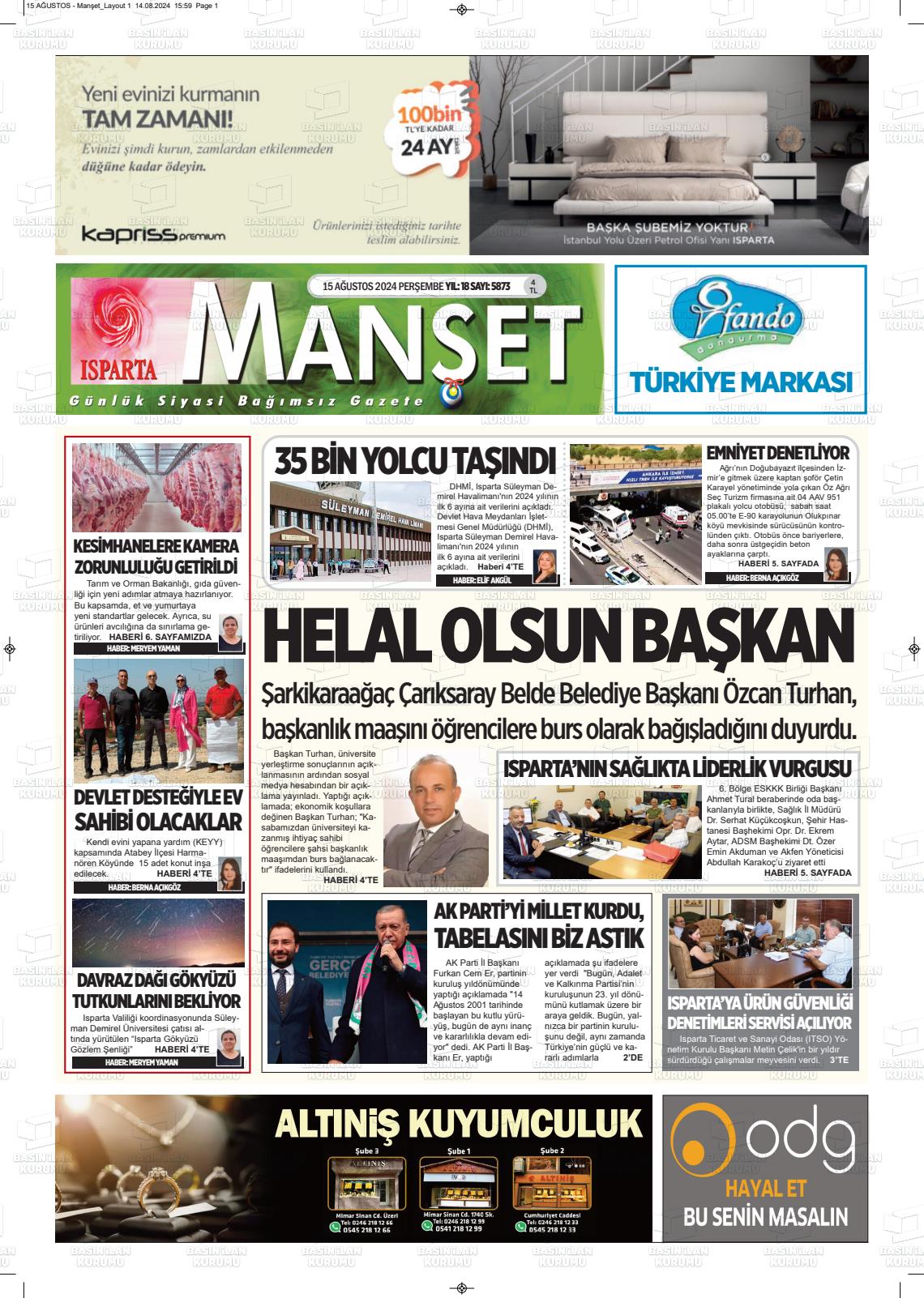 15 Ağustos 2024 Isparta Manşet Gazete Manşeti