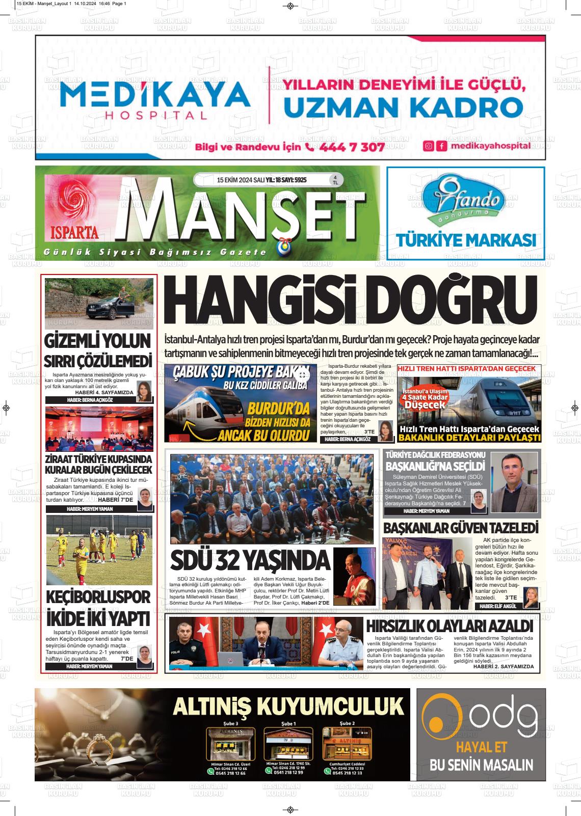 15 Ekim 2024 Isparta Manşet Gazete Manşeti