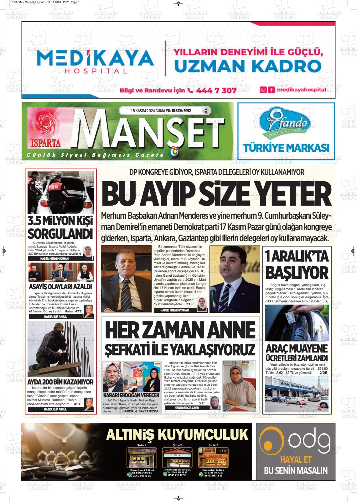 15 Kasım 2024 Isparta Manşet Gazete Manşeti