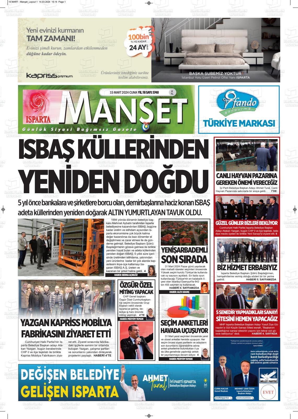 15 Mart 2024 Isparta Manşet Gazete Manşeti