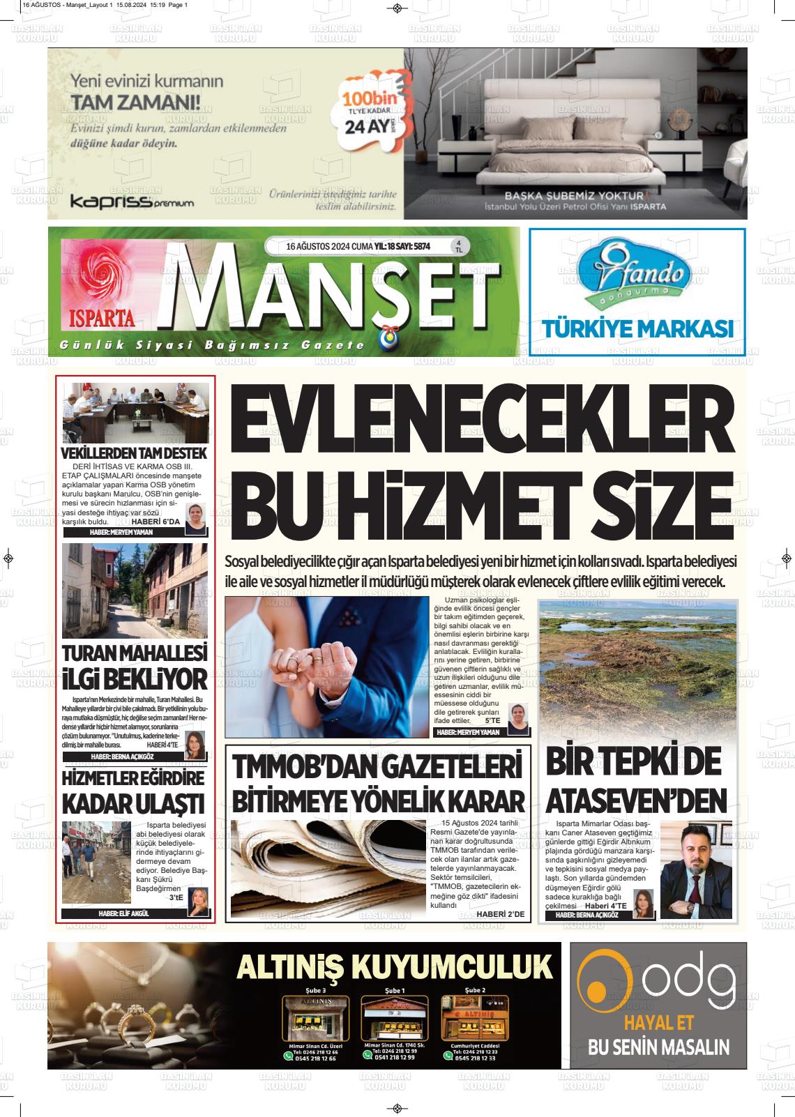 16 Ağustos 2024 Isparta Manşet Gazete Manşeti