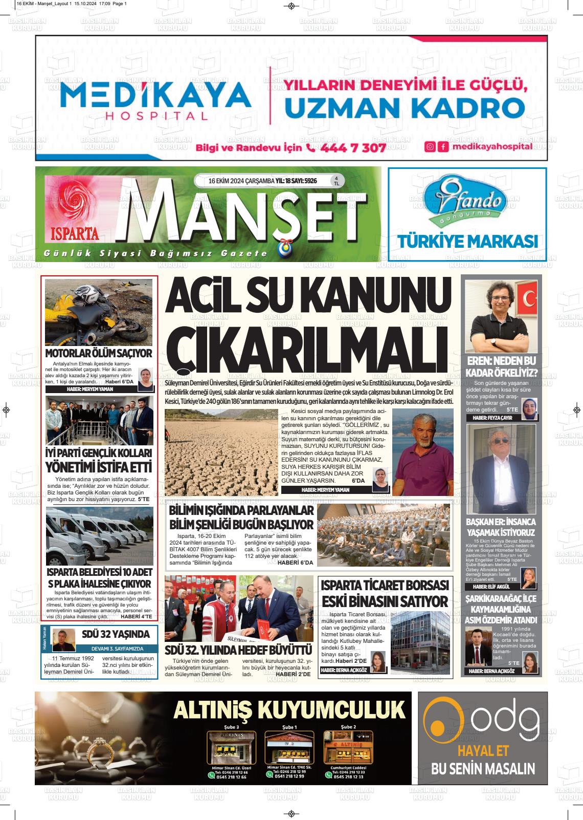 16 Ekim 2024 Isparta Manşet Gazete Manşeti