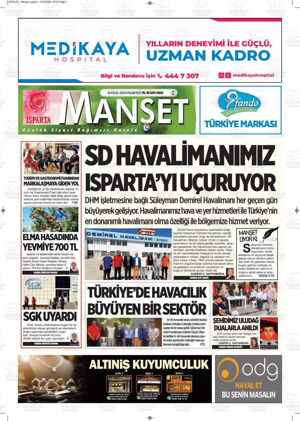 16 Eylül 2024 Isparta Manşet Gazete Manşeti