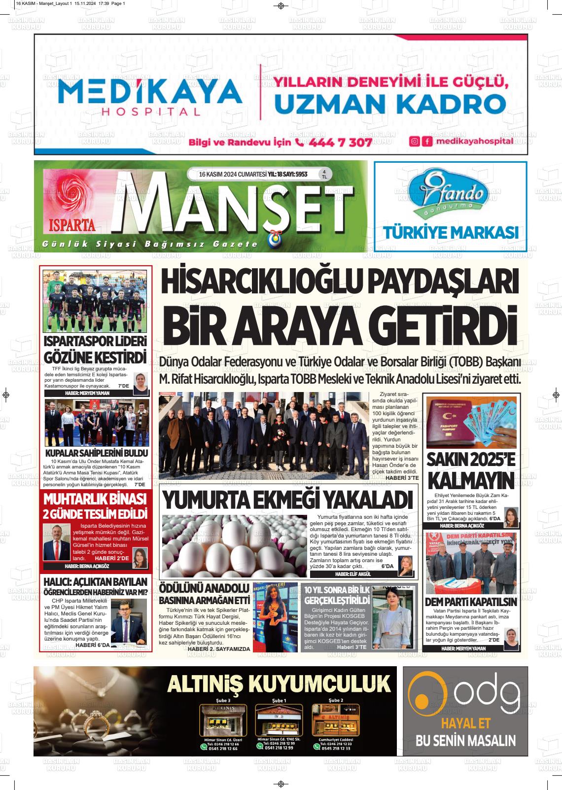 16 Kasım 2024 Isparta Manşet Gazete Manşeti