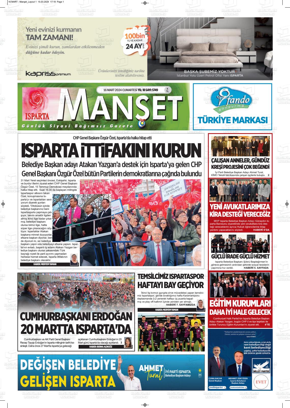 16 Mart 2024 Isparta Manşet Gazete Manşeti