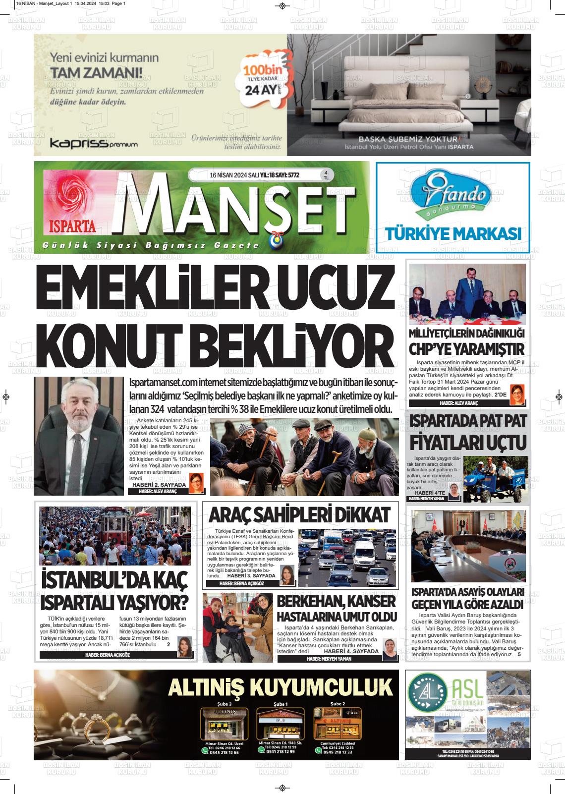 18 Nisan 2024 Isparta Manşet Gazete Manşeti