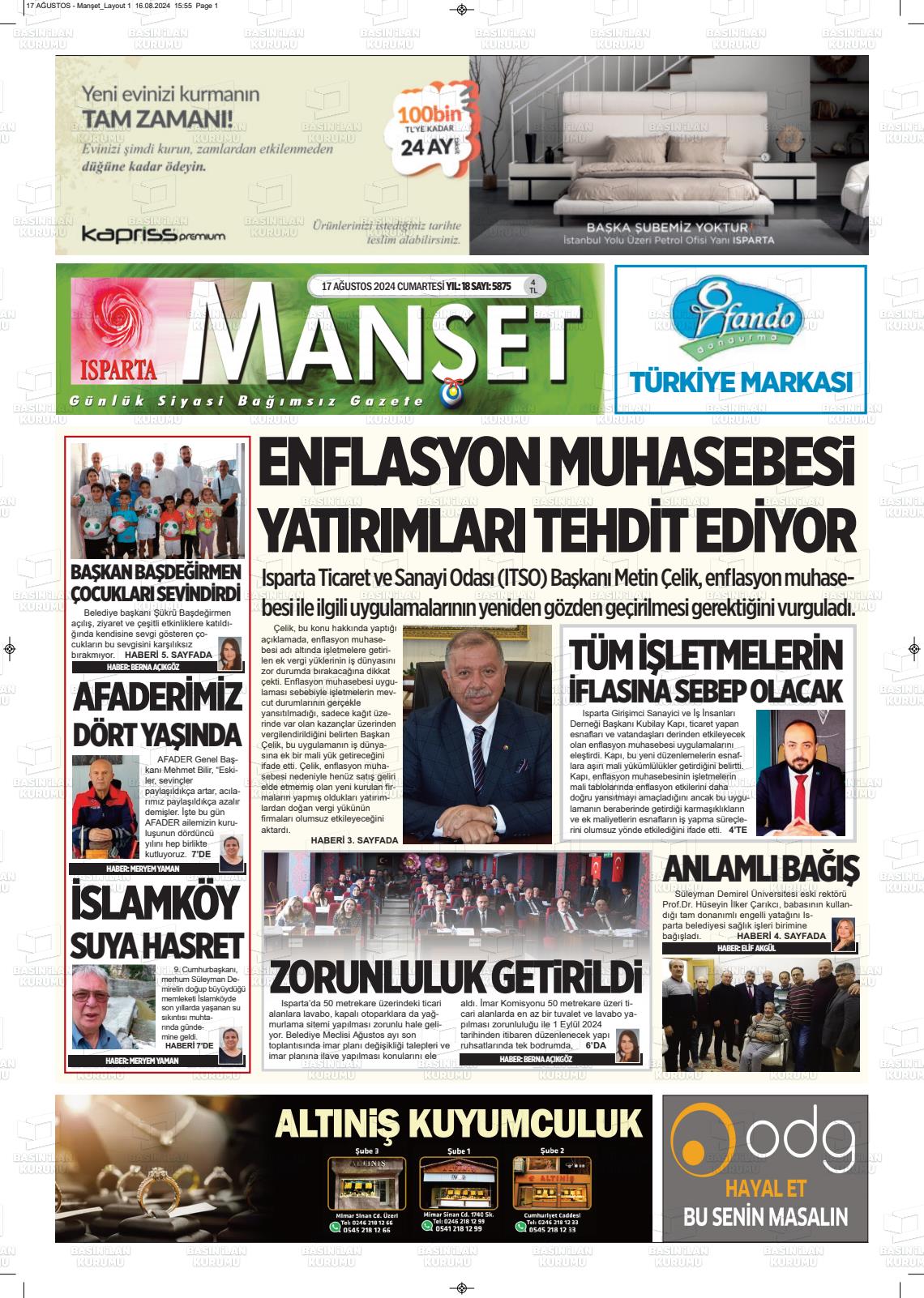 17 Ağustos 2024 Isparta Manşet Gazete Manşeti