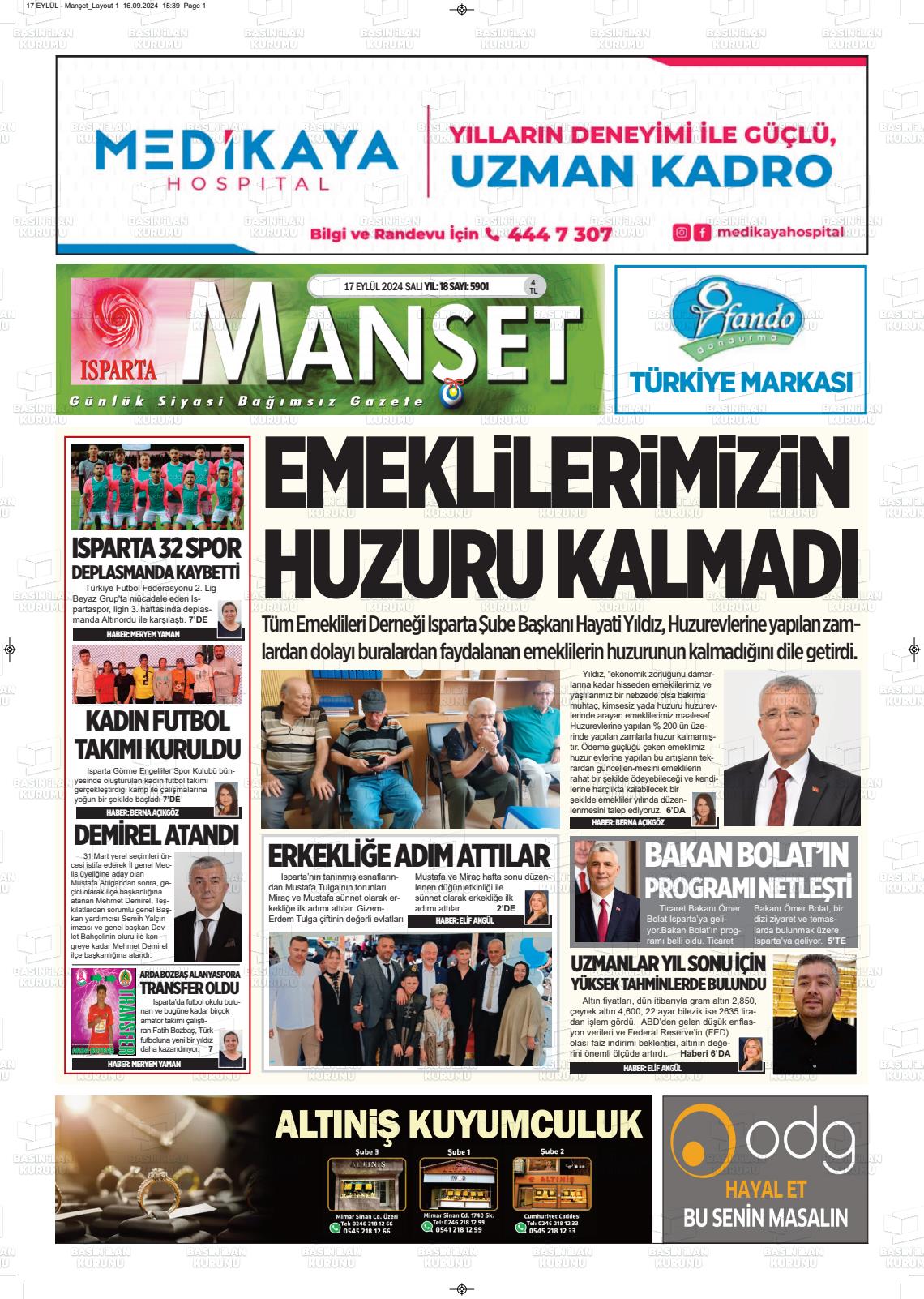 17 Eylül 2024 Isparta Manşet Gazete Manşeti