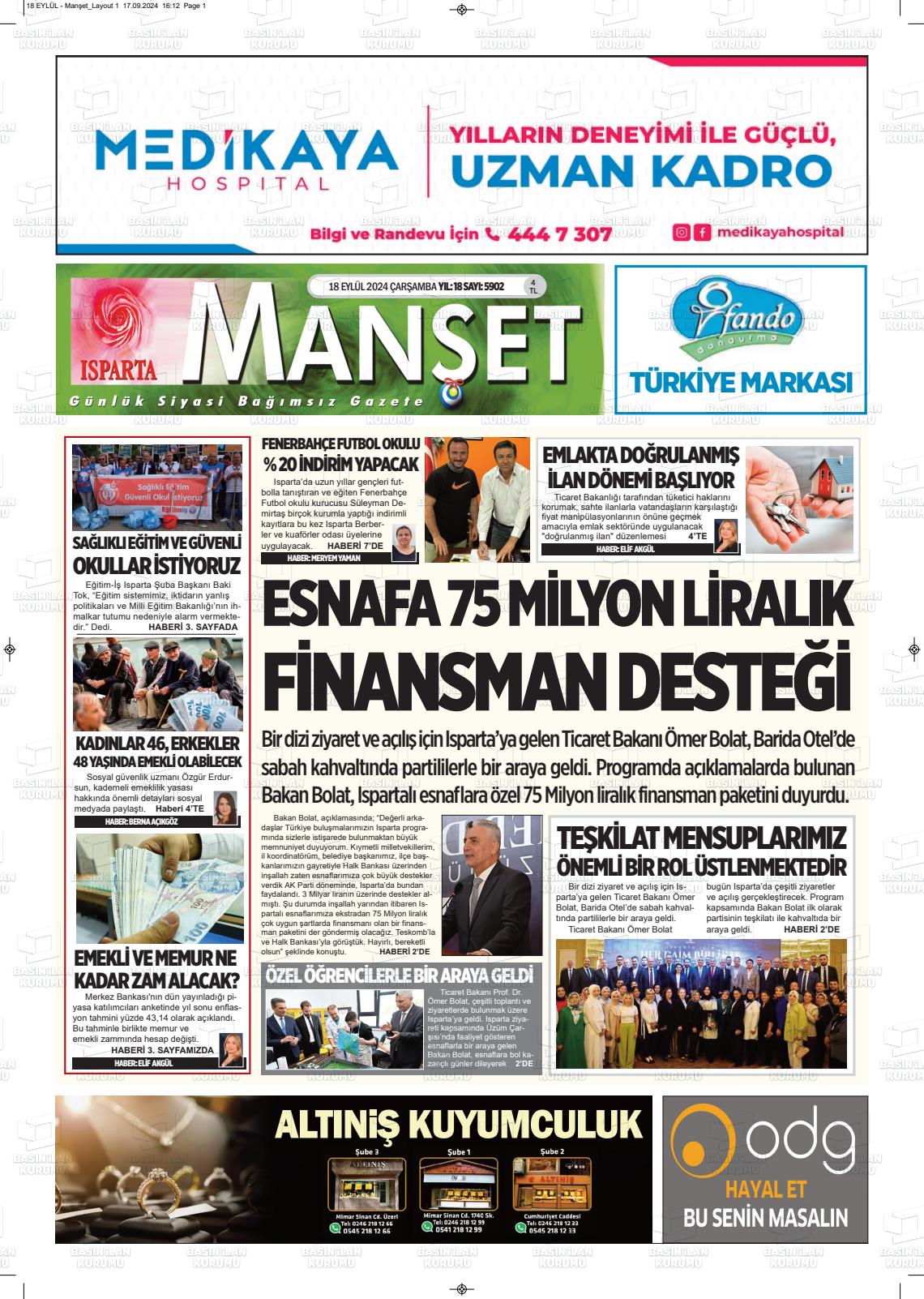 18 Eylül 2024 Isparta Manşet Gazete Manşeti