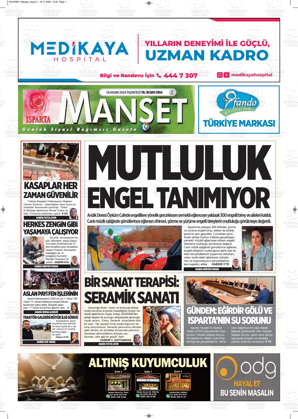 18 Kasım 2024 Isparta Manşet Gazete Manşeti