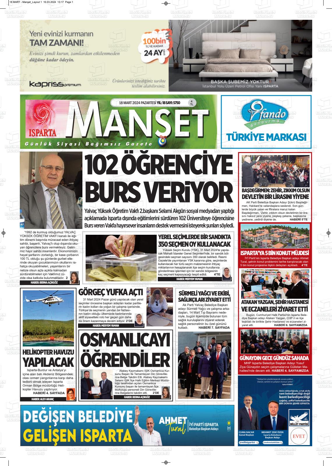 18 Mart 2024 Isparta Manşet Gazete Manşeti