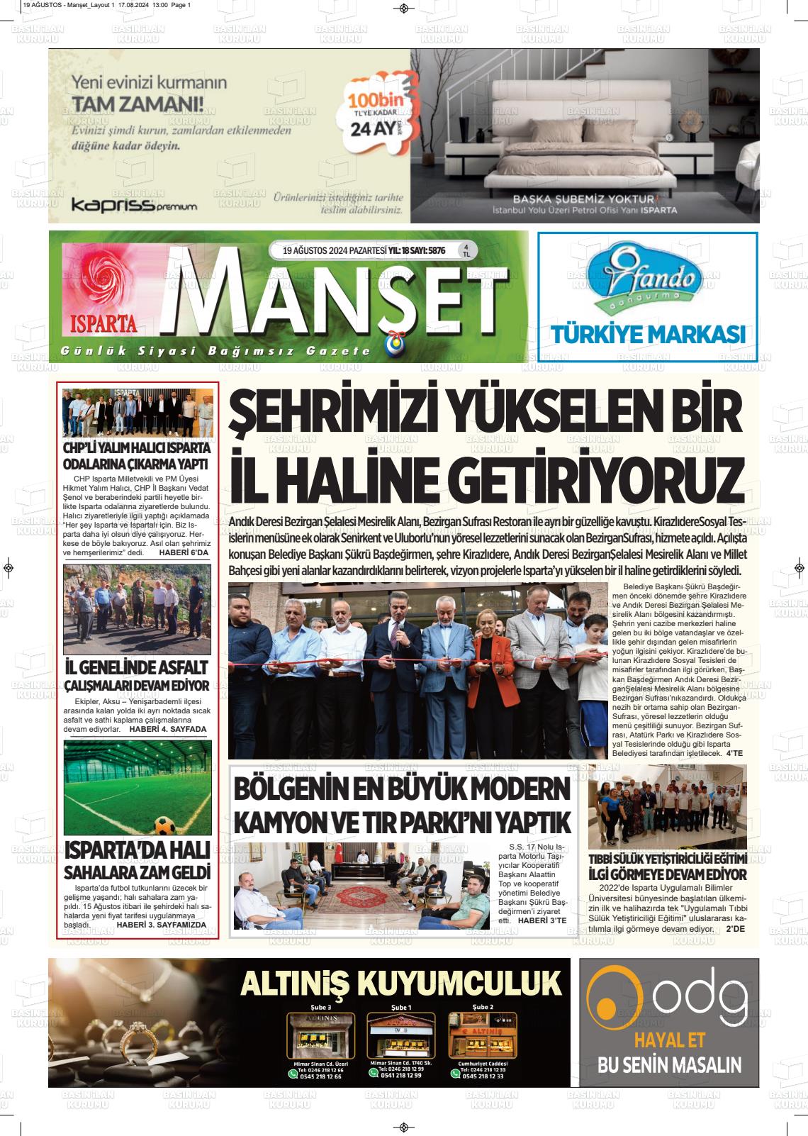 19 Ağustos 2024 Isparta Manşet Gazete Manşeti