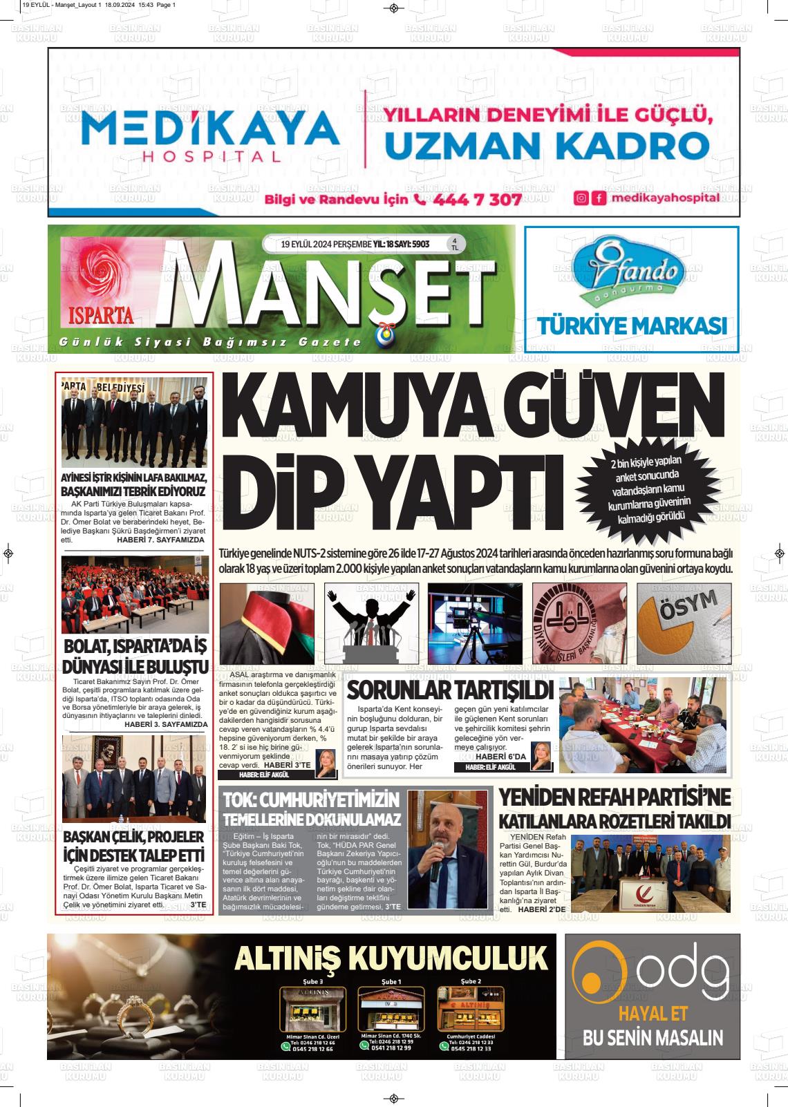 19 Eylül 2024 Isparta Manşet Gazete Manşeti