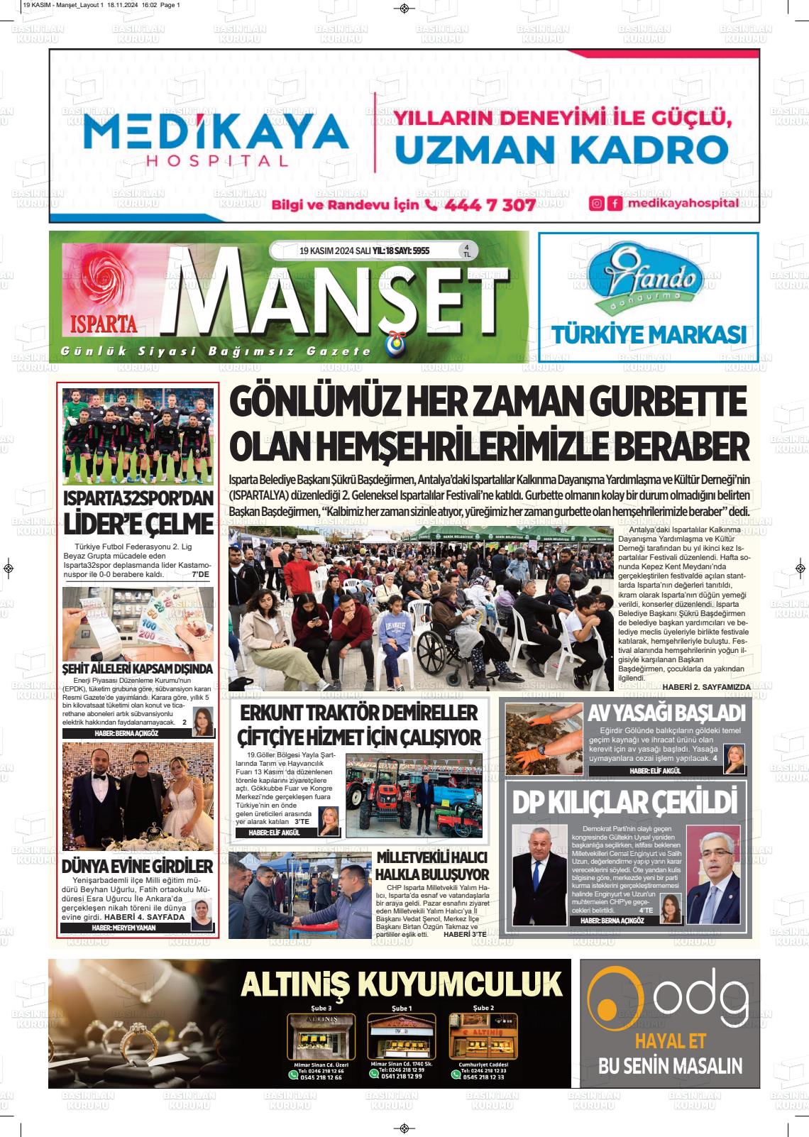 19 Kasım 2024 Isparta Manşet Gazete Manşeti