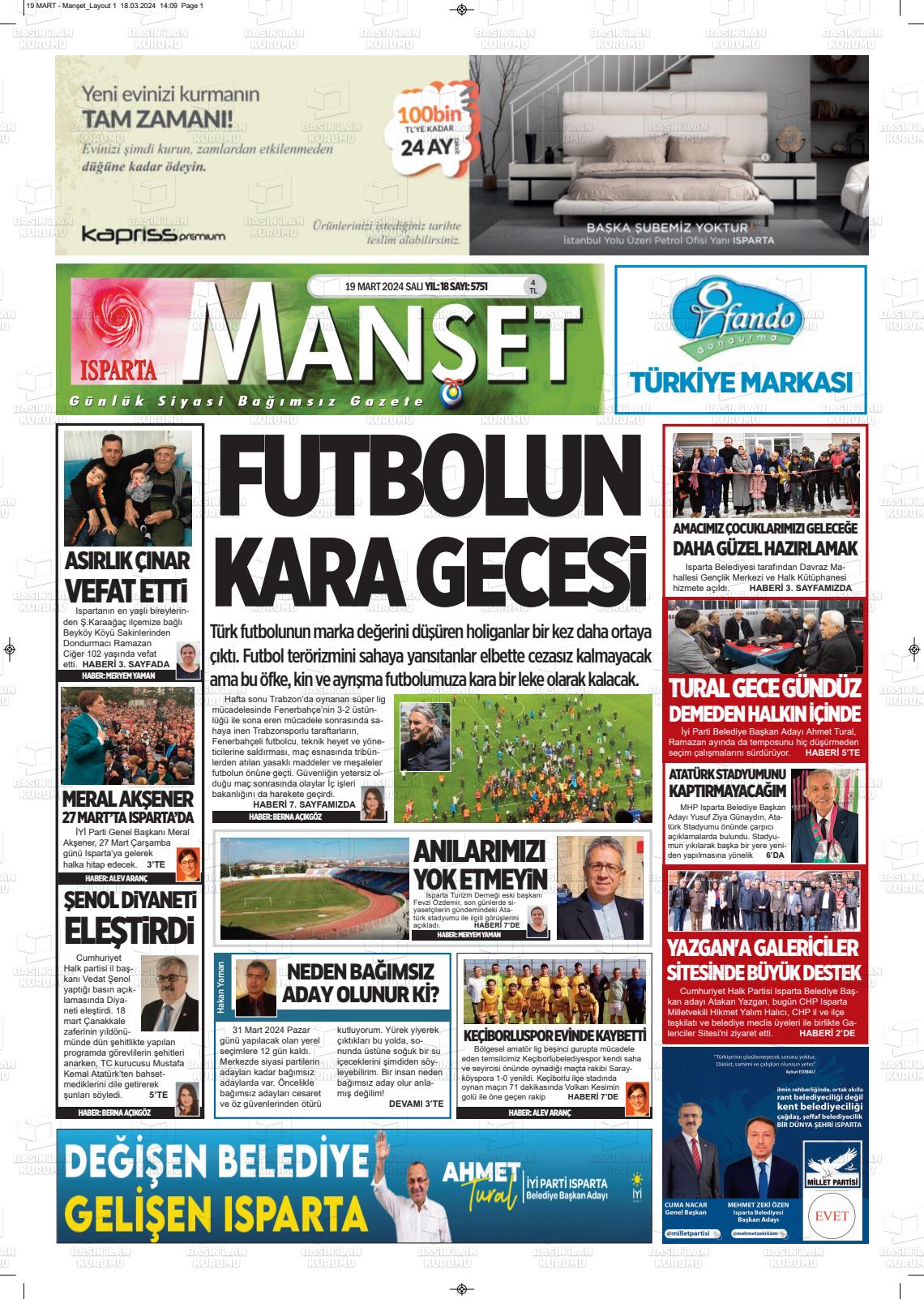 19 Mart 2024 Isparta Manşet Gazete Manşeti