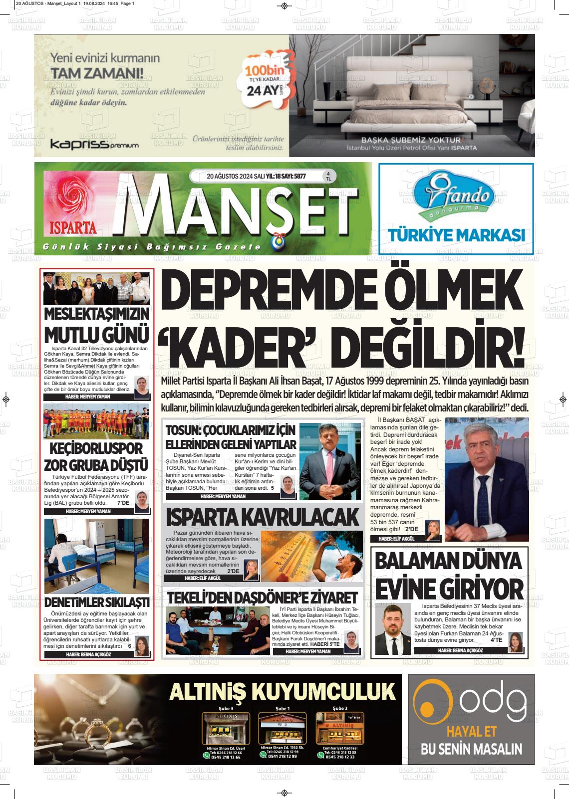 20 Ağustos 2024 Isparta Manşet Gazete Manşeti