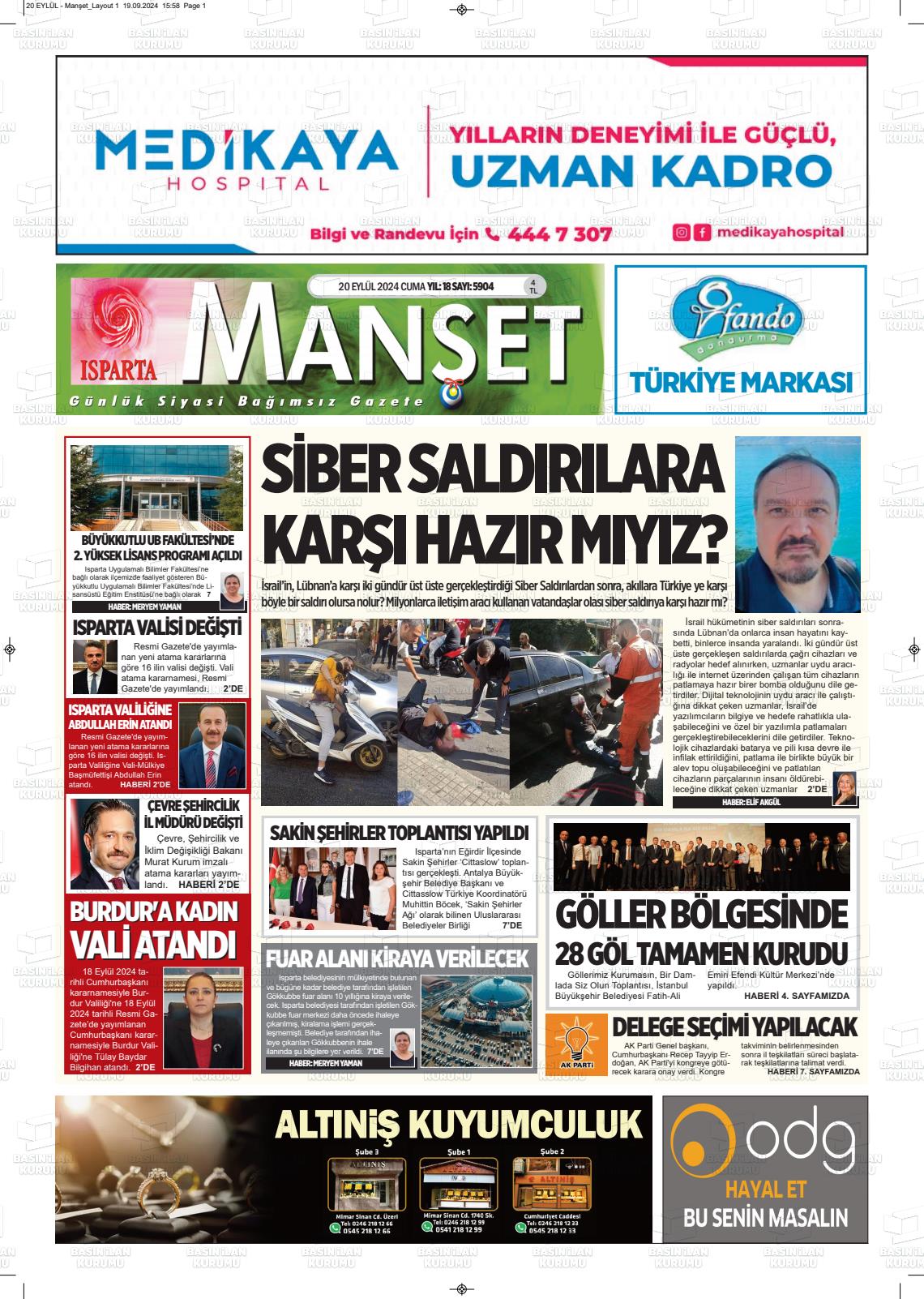 20 Eylül 2024 Isparta Manşet Gazete Manşeti