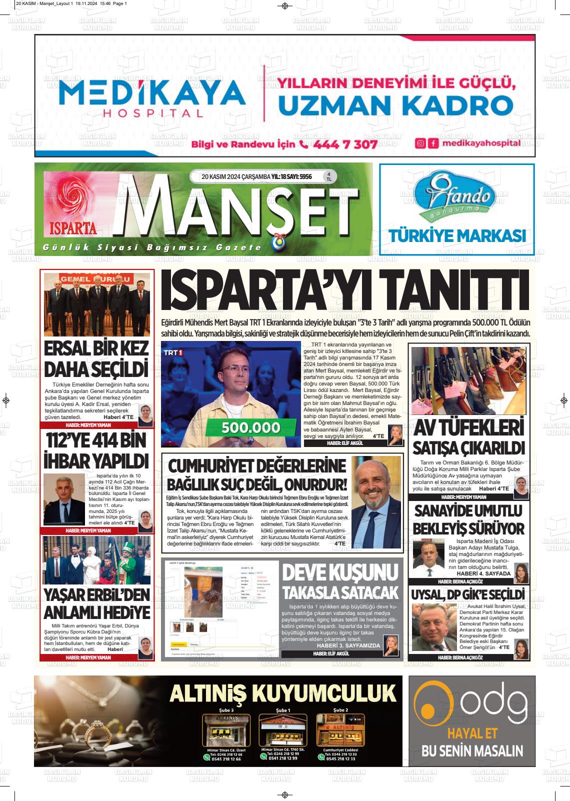 20 Kasım 2024 Isparta Manşet Gazete Manşeti