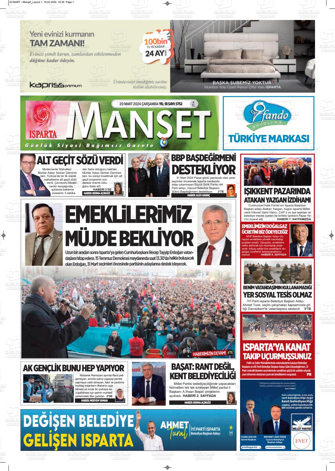 20 Mart 2024 Isparta Manşet Gazete Manşeti