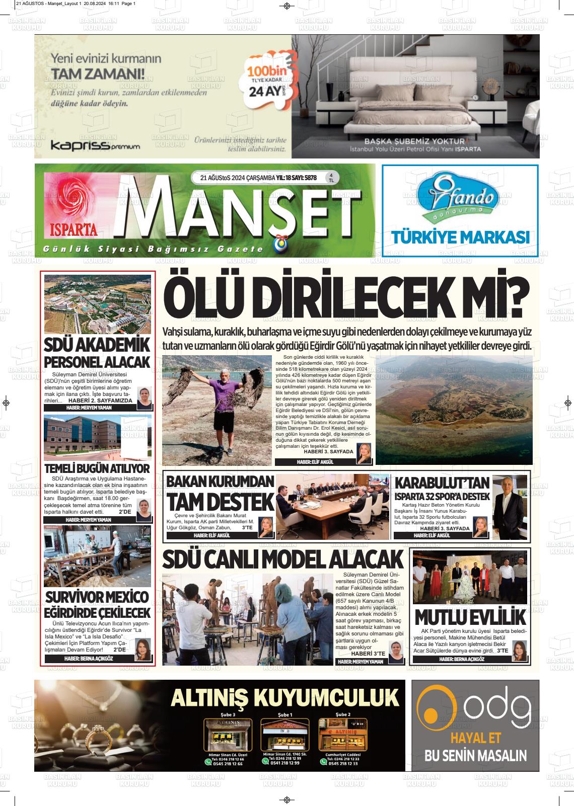 21 Ağustos 2024 Isparta Manşet Gazete Manşeti