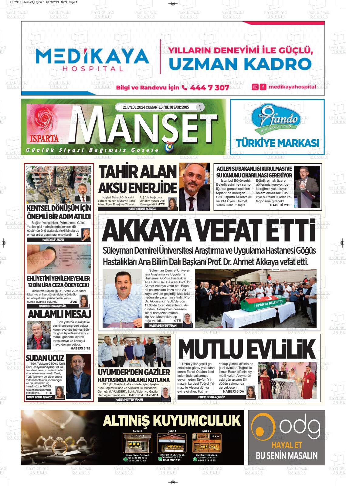 21 Eylül 2024 Isparta Manşet Gazete Manşeti