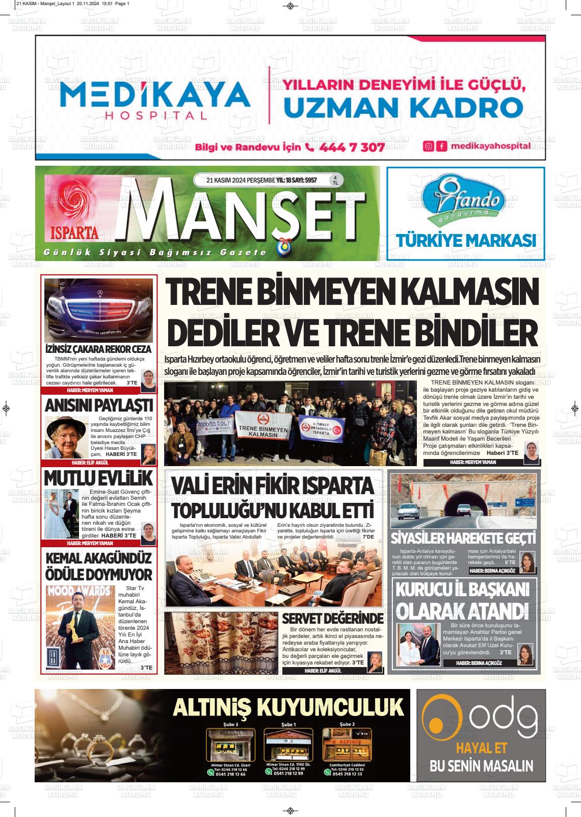 21 Kasım 2024 Isparta Manşet Gazete Manşeti