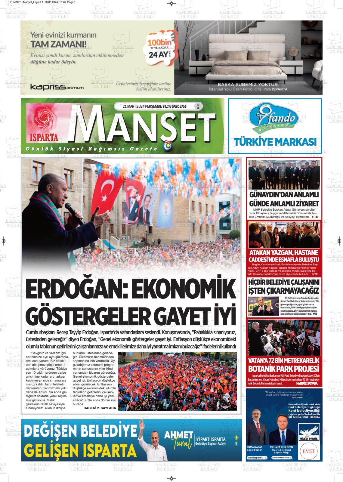 21 Mart 2024 Isparta Manşet Gazete Manşeti