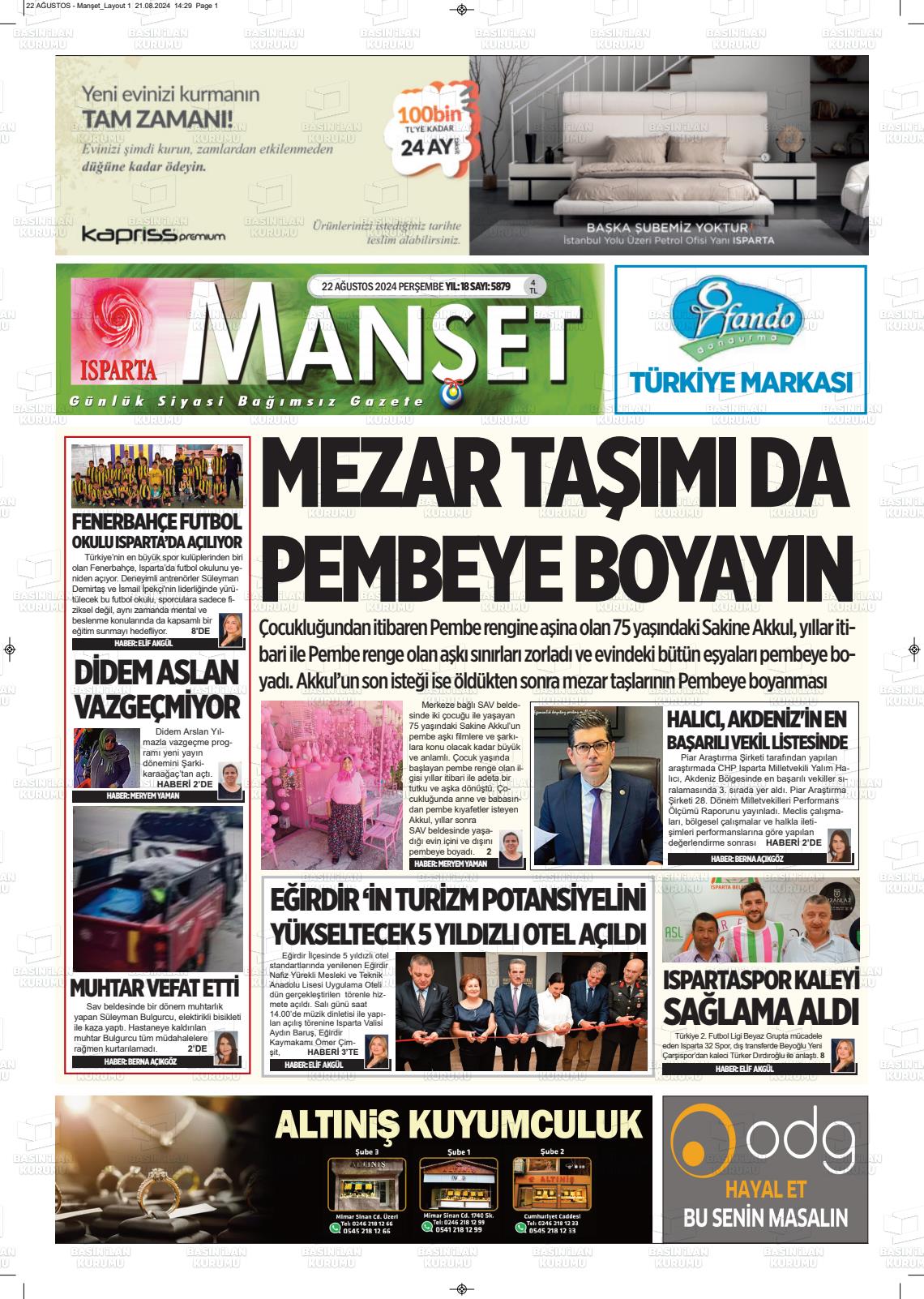 22 Ağustos 2024 Isparta Manşet Gazete Manşeti