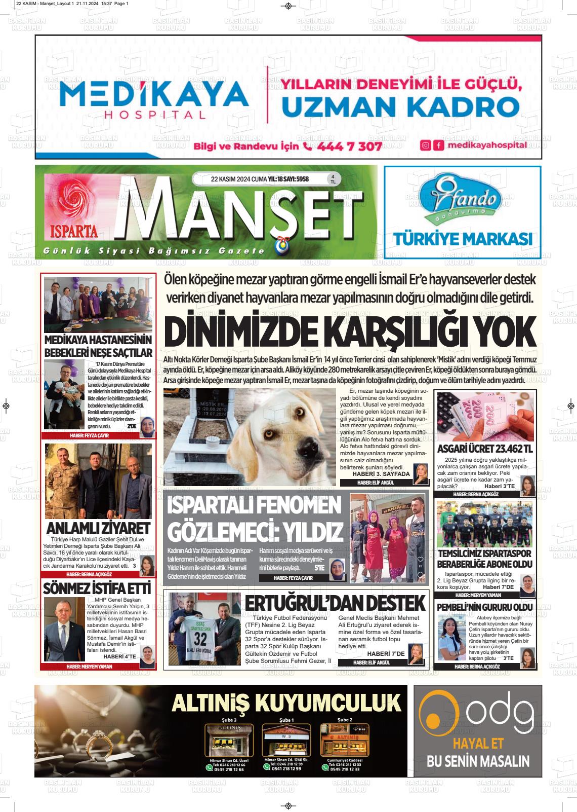 22 Kasım 2024 Isparta Manşet Gazete Manşeti