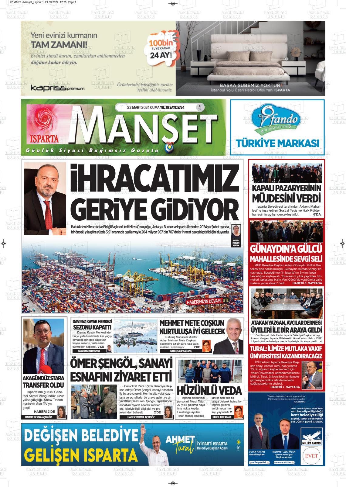 22 Mart 2024 Isparta Manşet Gazete Manşeti