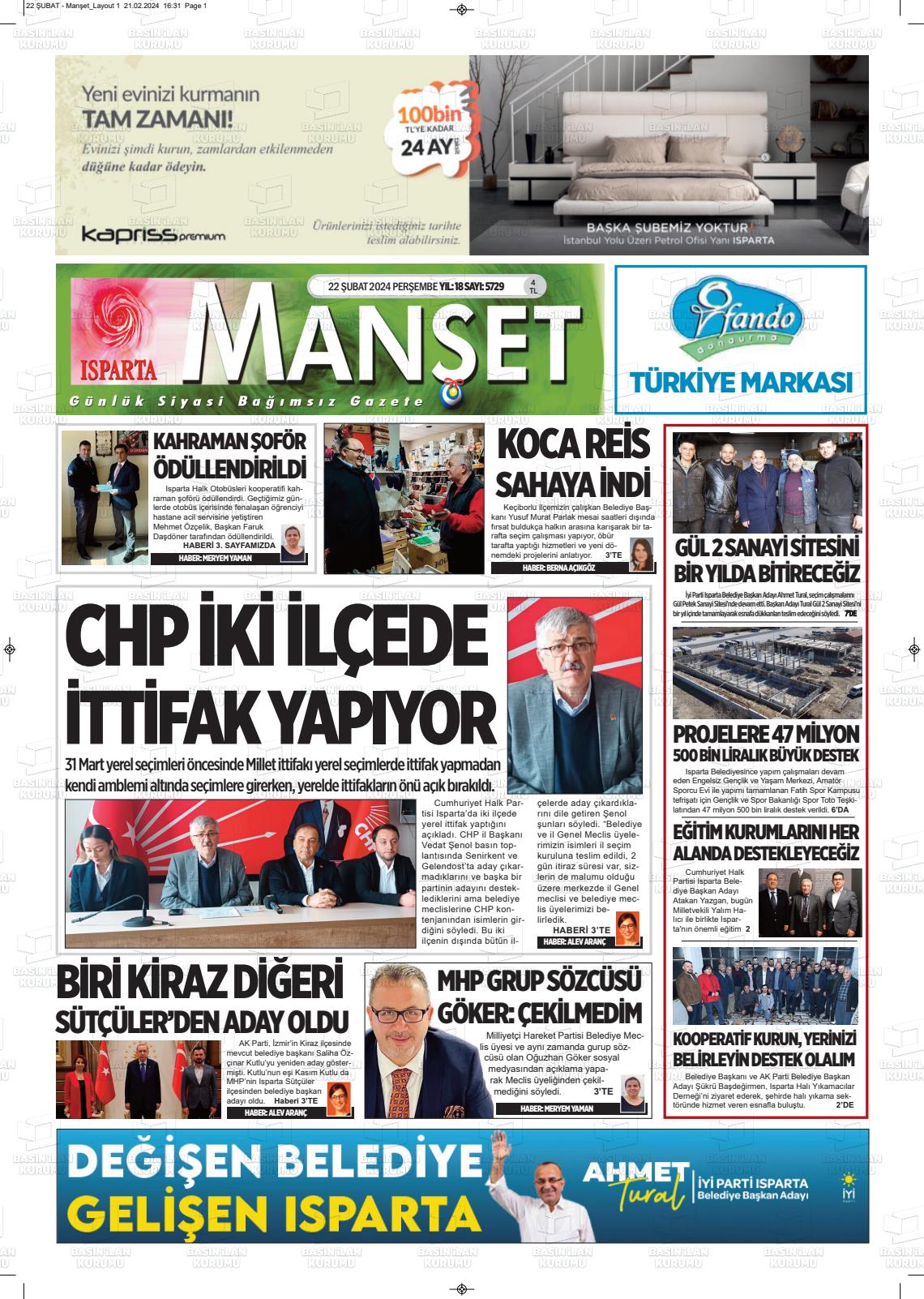 22 Şubat 2024 Isparta Manşet Gazete Manşeti