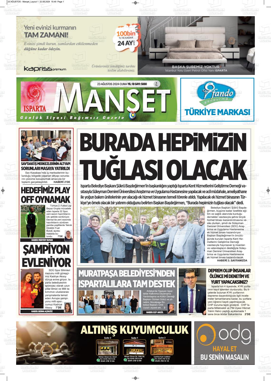 23 Ağustos 2024 Isparta Manşet Gazete Manşeti