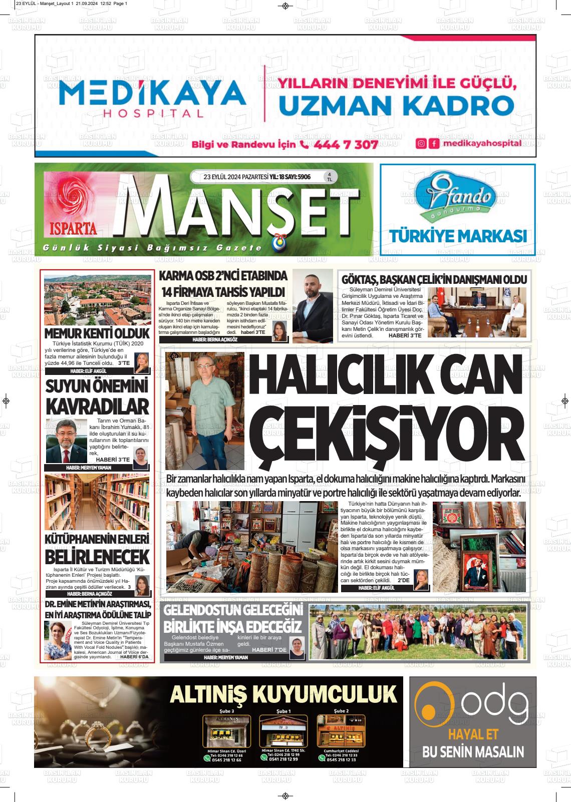 23 Eylül 2024 Isparta Manşet Gazete Manşeti